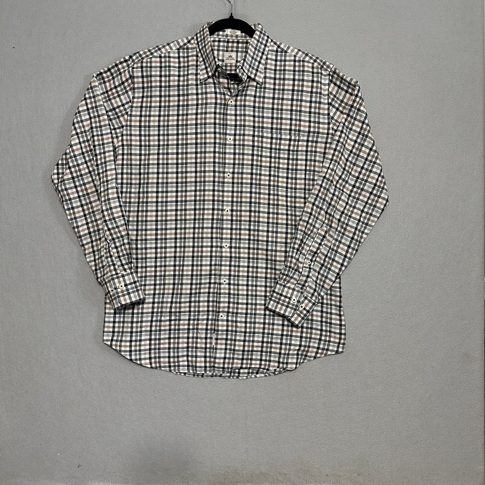 Peter Millar Mens Large Long Sleeve Plaid Button Down Shirt Brown Black White